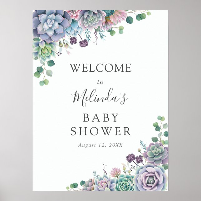 Poster Baby shower Succulent pourpre et vert Accueil (Devant)