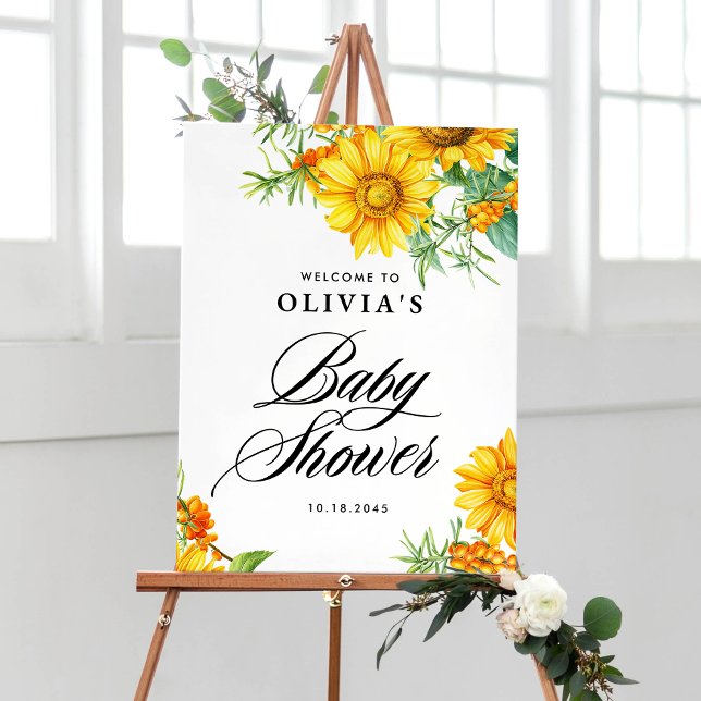 Poster Baby shower Sunflower et Sea Buckthorn Bienvenue (Elegant baby shower welcome sign with watercolor sunflowers and sea buckthorn for fall baby showers.)