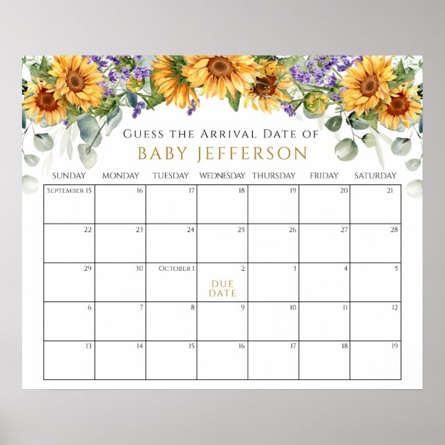 Poster Baby shower Sunflowers Guides Date d'échéance Cale (Devant)