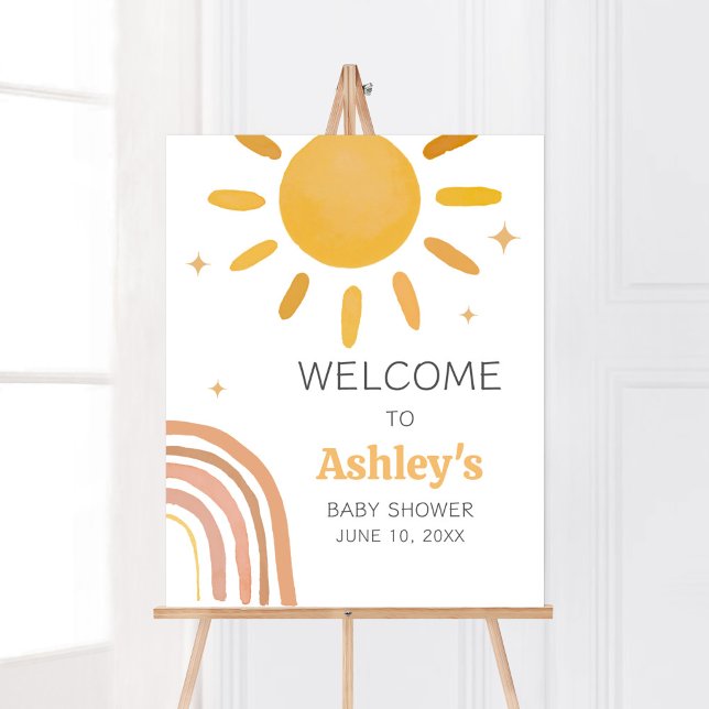 Poster Baby shower Sunshine Boho Retro Bienvenue (Here Comes the Sun Baby Shower Welcome Sign)