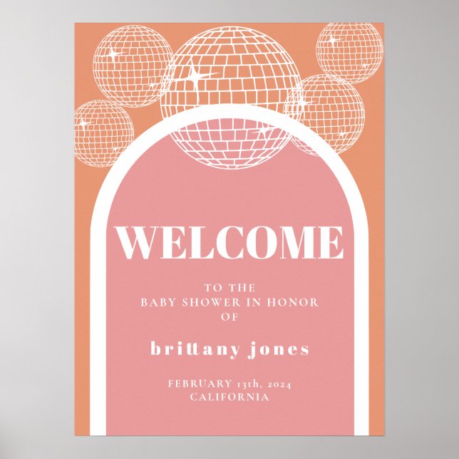 Poster Baby shower Super rétro Disco rose et orange (Devant)