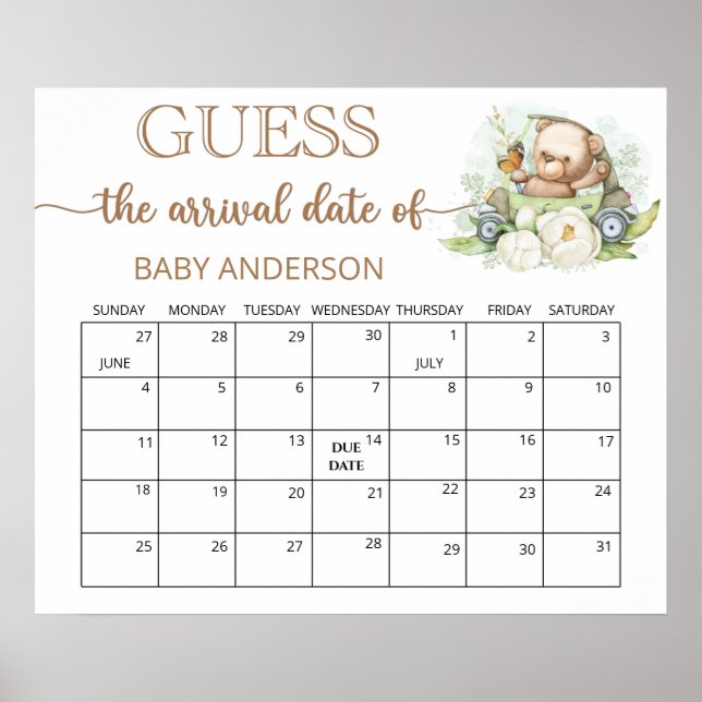 Poster Baby shower Teddy Bear Guides Date d'échéance Cale (Devant)