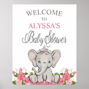 Poster Baby shower Tiara Rose Princesse Elephant Bienvenu