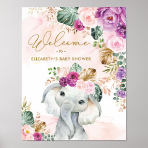 Poster Baby shower tropicale des éléphants floraux Bienve