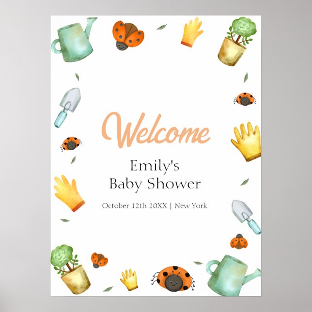 Poster Baby shower verdoyant Ladybug Garden Bienvenue (Devant)