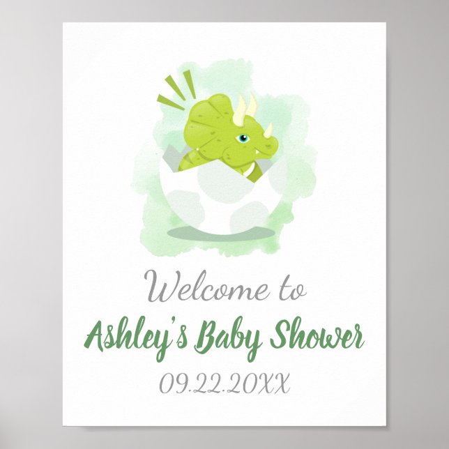 Poster Baby shower Vert Aquarelle Cute Dinosaur Bienvenue (Devant)