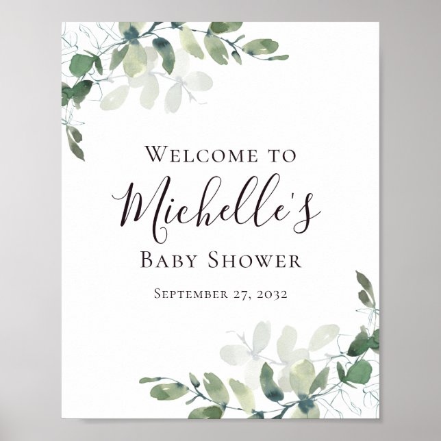 Poster Baby shower vert Eucalyptus Bienvenue (Devant)