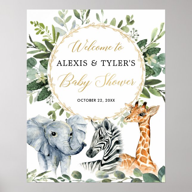 Poster Baby shower vert pour animaux Safari signe de bien (Devant)