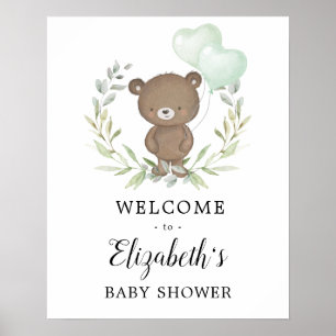 Poster Baby shower vert Teddy Bear Neutre Bienvenue