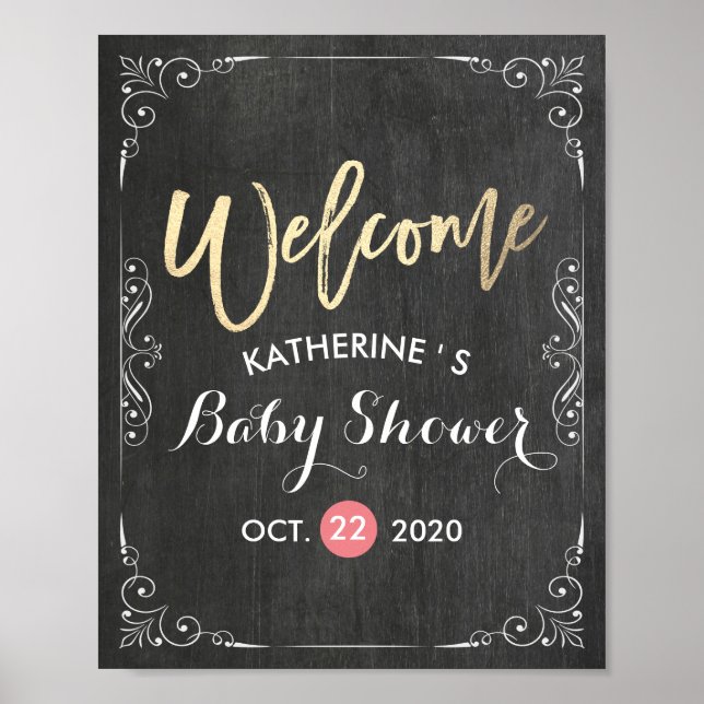 Poster Baby shower Welcome Black White Floral Chalkboard (Devant)