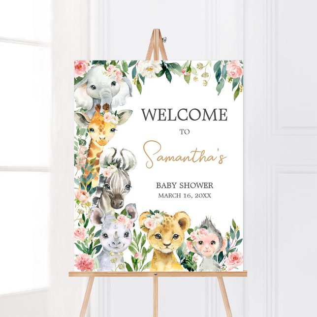 Poster Baby shower Wild One Floral Safari Bienvenue (Greenery Floral Wild One Baby Shower Welcome Sign)