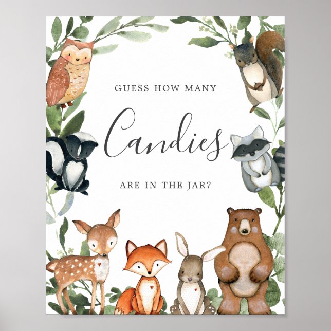 Poster Baby shower Woodland Devinez combien de bonbons (Devant)