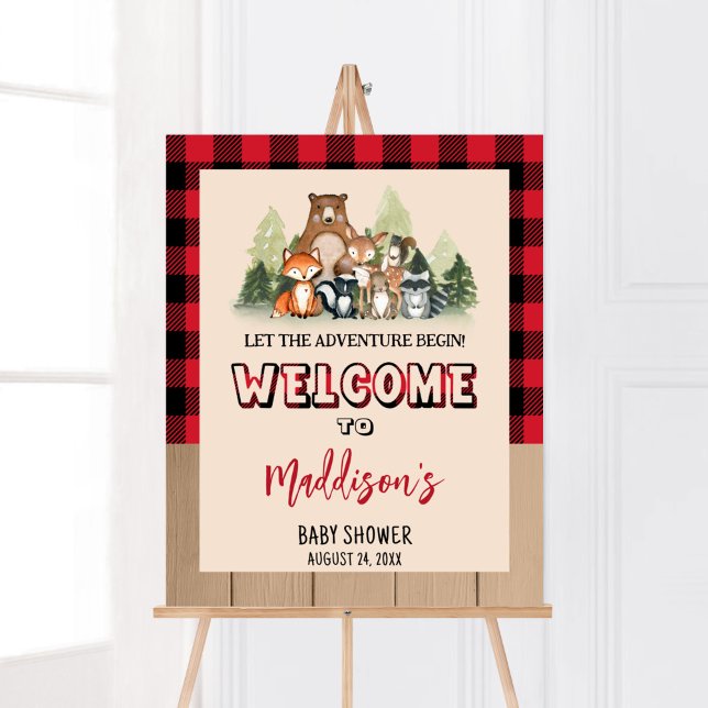 Poster Baby shower Woodland Lumberjack Bienvenue (Plaid Lumberjack Baby Shower Welcome Sign)