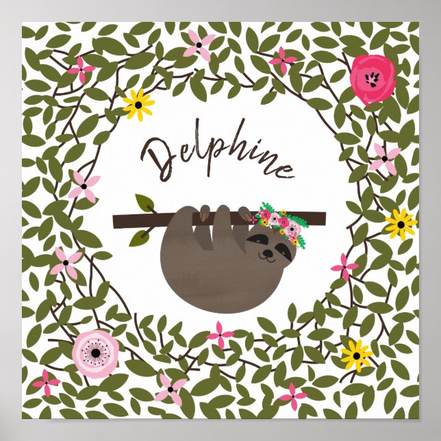 Poster Baby Sloth Floral Greenery Baby Nursery (Devant)
