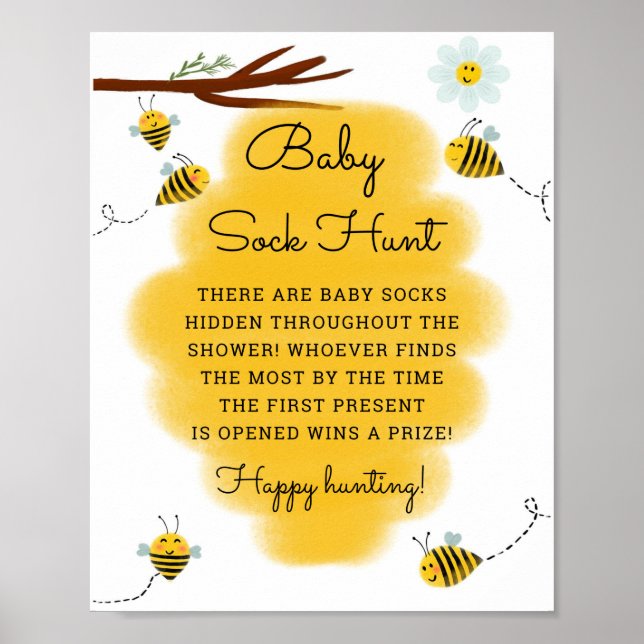 Poster Baby Sock Hunt Bee Thème Baby shower Jeux Signe (Devant)