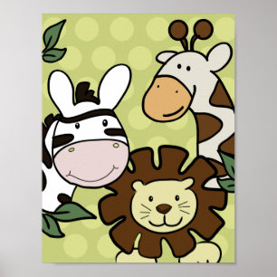 Poster Baby Zoo GIRAFFE, LION & ZEBRA MUR ART