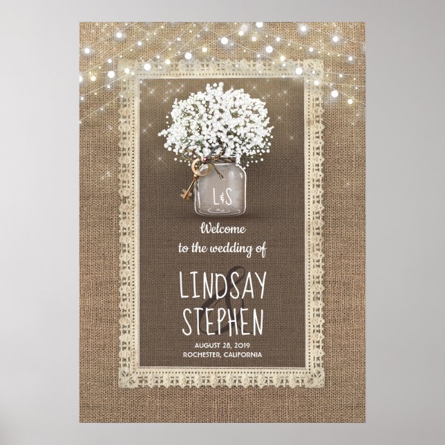 Poster Baby's Breath Mason Jar et Burlap Mariage Welcome (Devant)