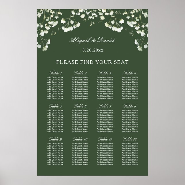 Poster Baby's Breath on Sage Green Wedding Seating Chart (Devant)