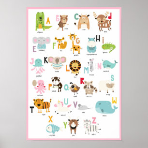 Poster BAC mignons   Alphabet animal à cadre rose coloré