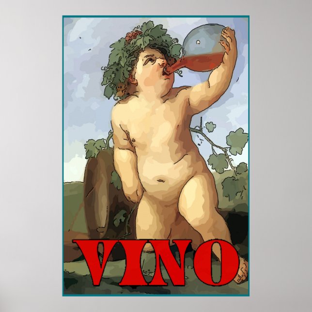 Poster Bacchus boire du vin, VINO (Devant)