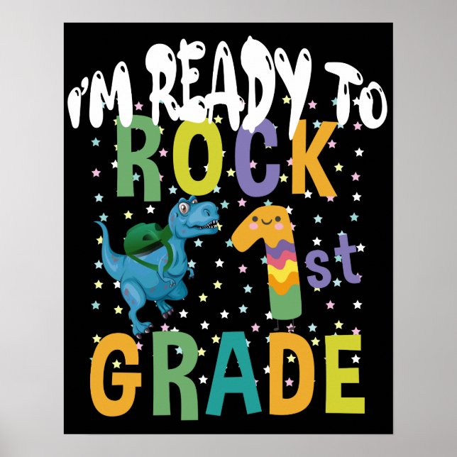 Poster Back to School I'm Ready To Rock 1st Grade Dino (Devant)