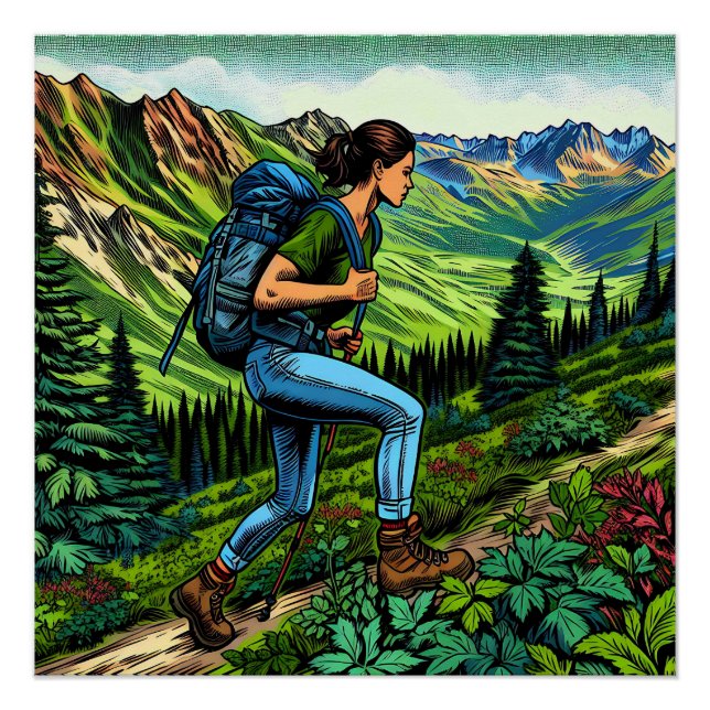 Poster Backpacking Girl Randonnée le sentier (Devant)