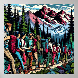 Poster Backpacking People Randonnée Trail à travers les m
