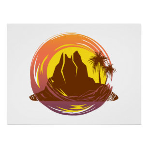 Poster Badge avec paysage volcanique tropical et palmiers