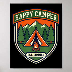 Poster Badge de campeur heureux tente montagne feu de cam