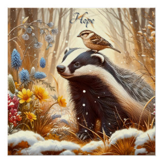Poster Badger and Sparrow Nature Faune Rustique