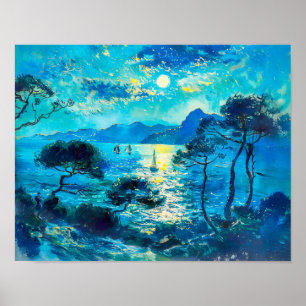Poster Baie Lune avec Nocturne impressionniste de bateaux