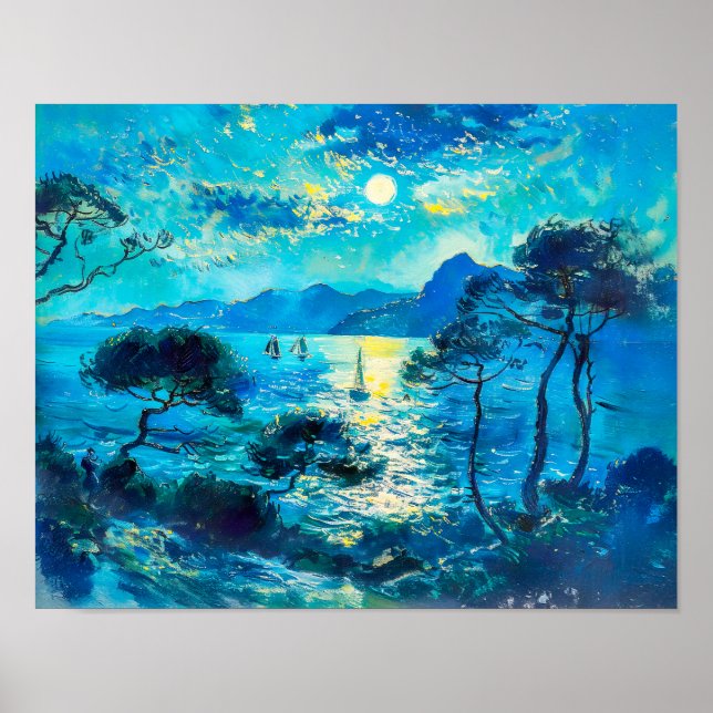 Poster Baie Lune avec Nocturne impressionniste de bateaux (Devant)