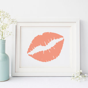 Poster Baiser au rouge à lèvres corail orange