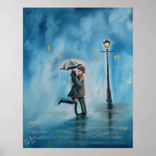 Poster Baiser couple pluie jour lampe parapluie