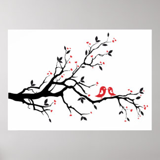 Poster Baiser oiseau sur branche d'arbre avec des feuille