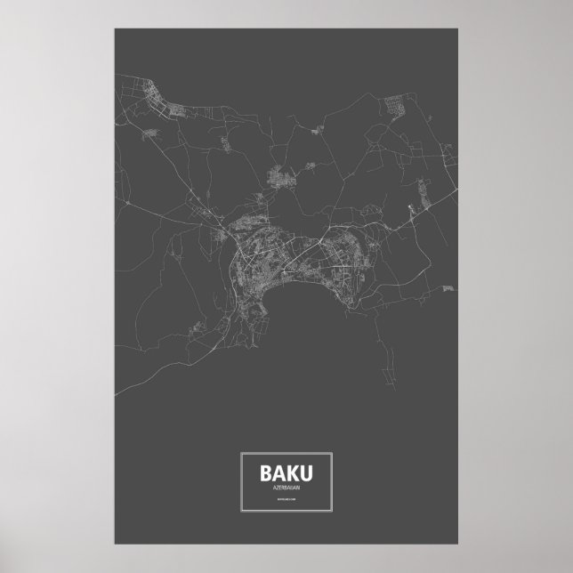Poster Bakou, Azerbaïdjan (blanc sur noir) (Devant)