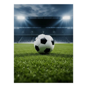 Poster Bal de soccer sur terrain en herbe sous les lumièr