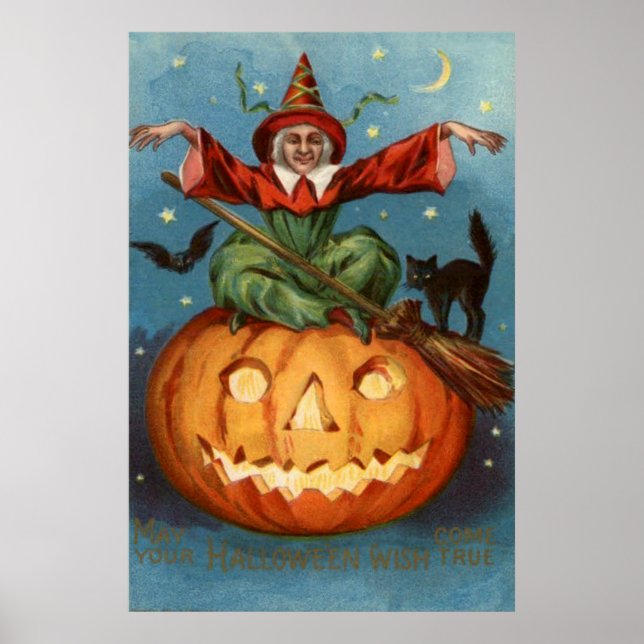 Poster Balai de sorcière Chat noir Citrouille d'Halloween (Devant)