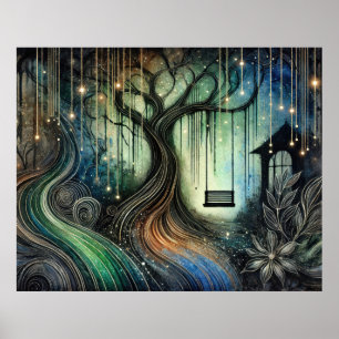 Poster Balançoire d'arbre enchanté et lumières scintillan