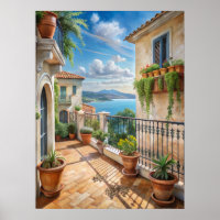 Balcon méditerranéen ensoleillé vue sur la mer Art