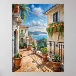 Poster Balcon méditerranéen ensoleillé vue sur la mer Art