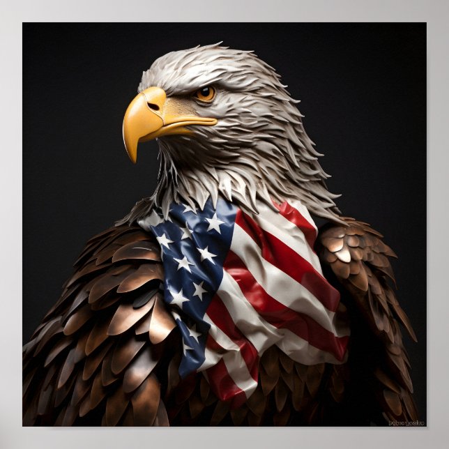 Poster Bald Eagle sculpture en métal avec drapeau américa (Devant)