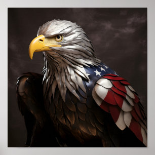 Poster Bald Eagle sculpture en métal avec drapeau américa