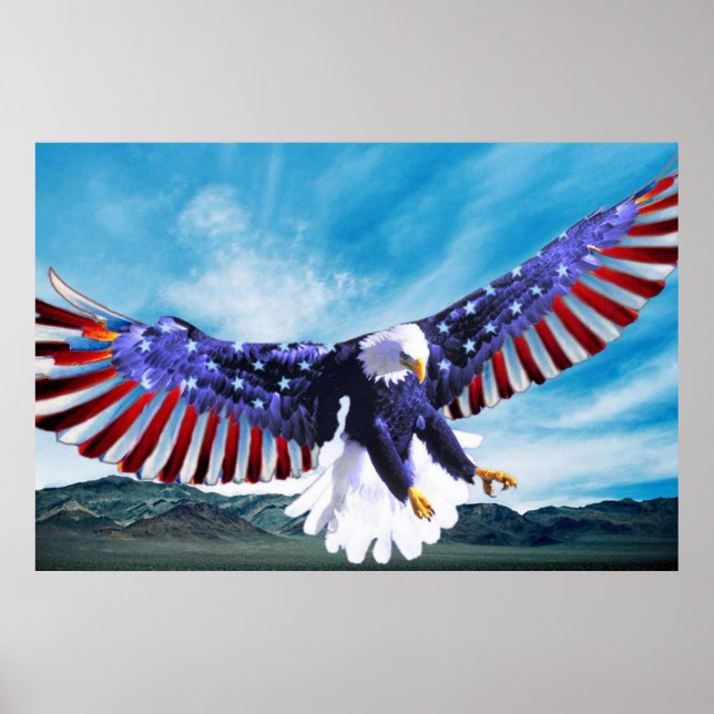 Poster Bald Eagle volant dans le ciel avec un drapeau amé (Devant)