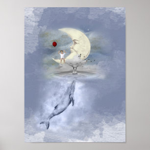 Poster Baleine Bleue mignonne et enfant heureux sur l'Ima