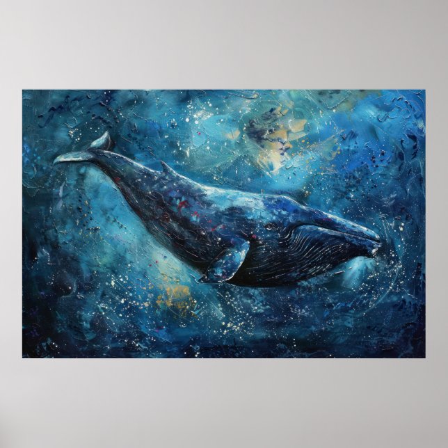 Poster Baleine bleue nageant dans la mer (Devant)