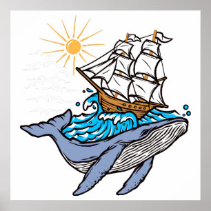 Poster Baleine bleue voilier vague soleil