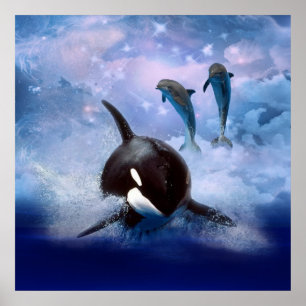 Poster Baleine et dauphins rêveurs