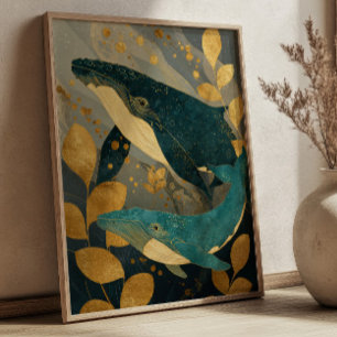 Poster Baleine illustrée bleu marine et or Kintsugi Océan