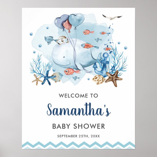 Poster Baleine nautique sous le Baby shower marin Bienven (Devant)